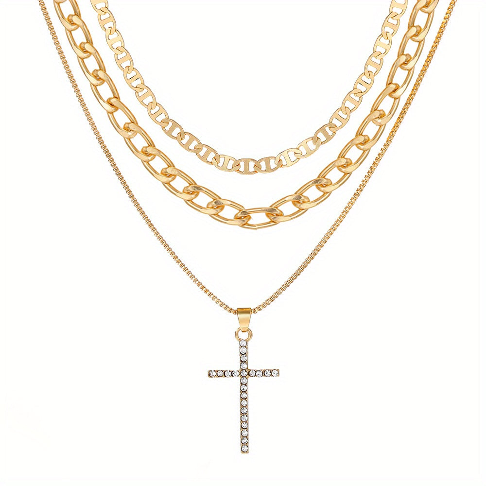 3-Piece Set of Women's Retro Luxury Artificial Crystal Cross Necklaces - Stackable, Trendy, and Elegant Accessories for Any Occasion - Perfect Gift Idea