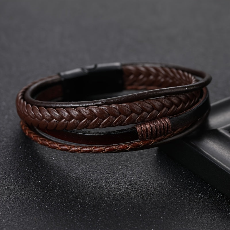 [Stylish Leather Bracelet] Stylish Durable 1pc Men's Hand-Woven Multi-Layer Leather Bracelet | with Buckle Closure, Versatile Accessory for Casual or Formal Wear