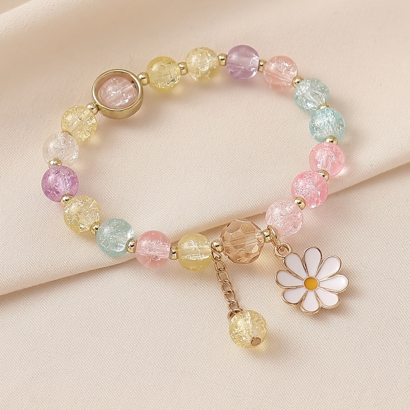 Summer Style Cracked Glass Beaded Daisy Pendant Bracelet Elastic Hand String For Women
