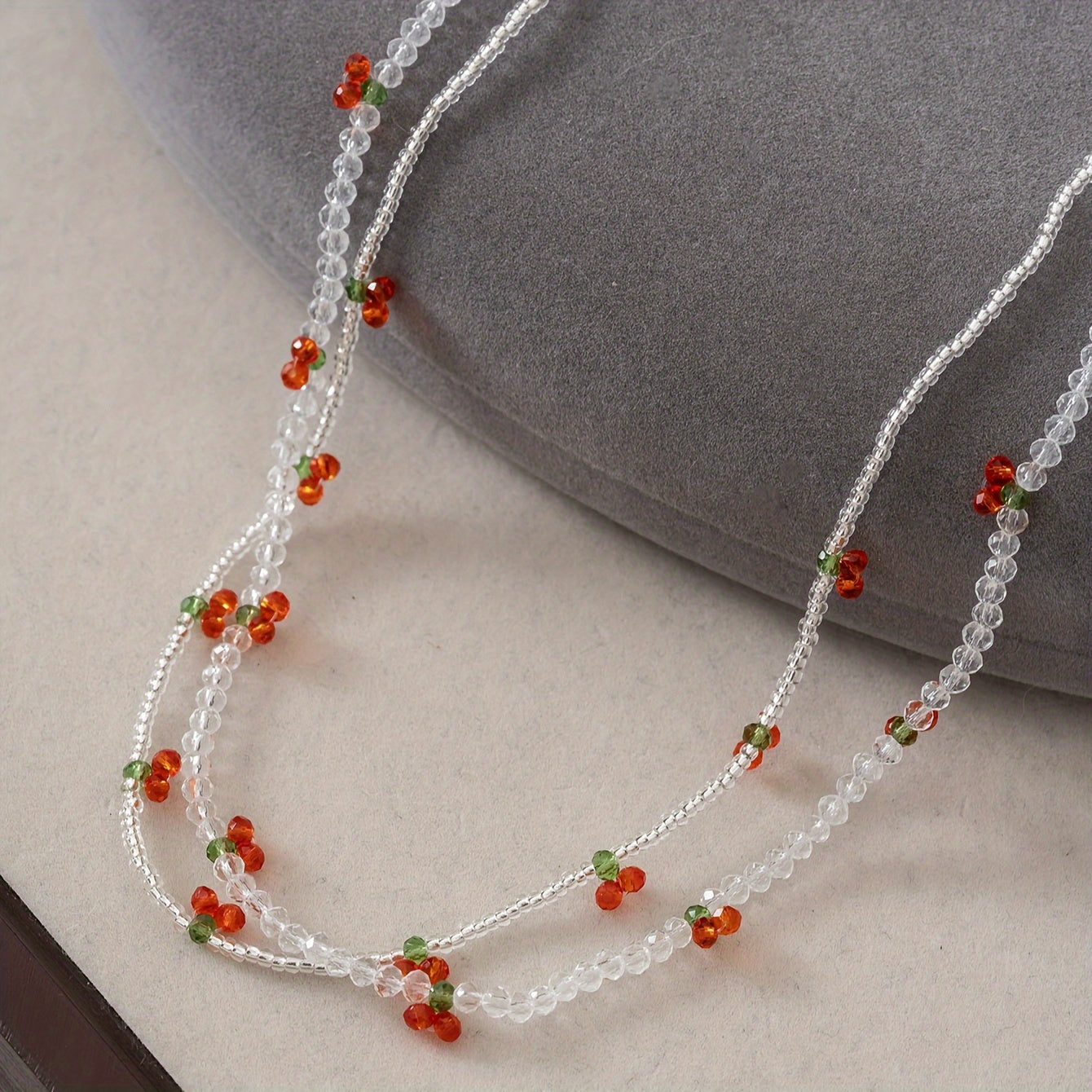 2pcs/set Handmade Rice Bead Beaded Necklaces With Crystal Cherry Decor, Sweet Ladies Holiday Party Jewelry