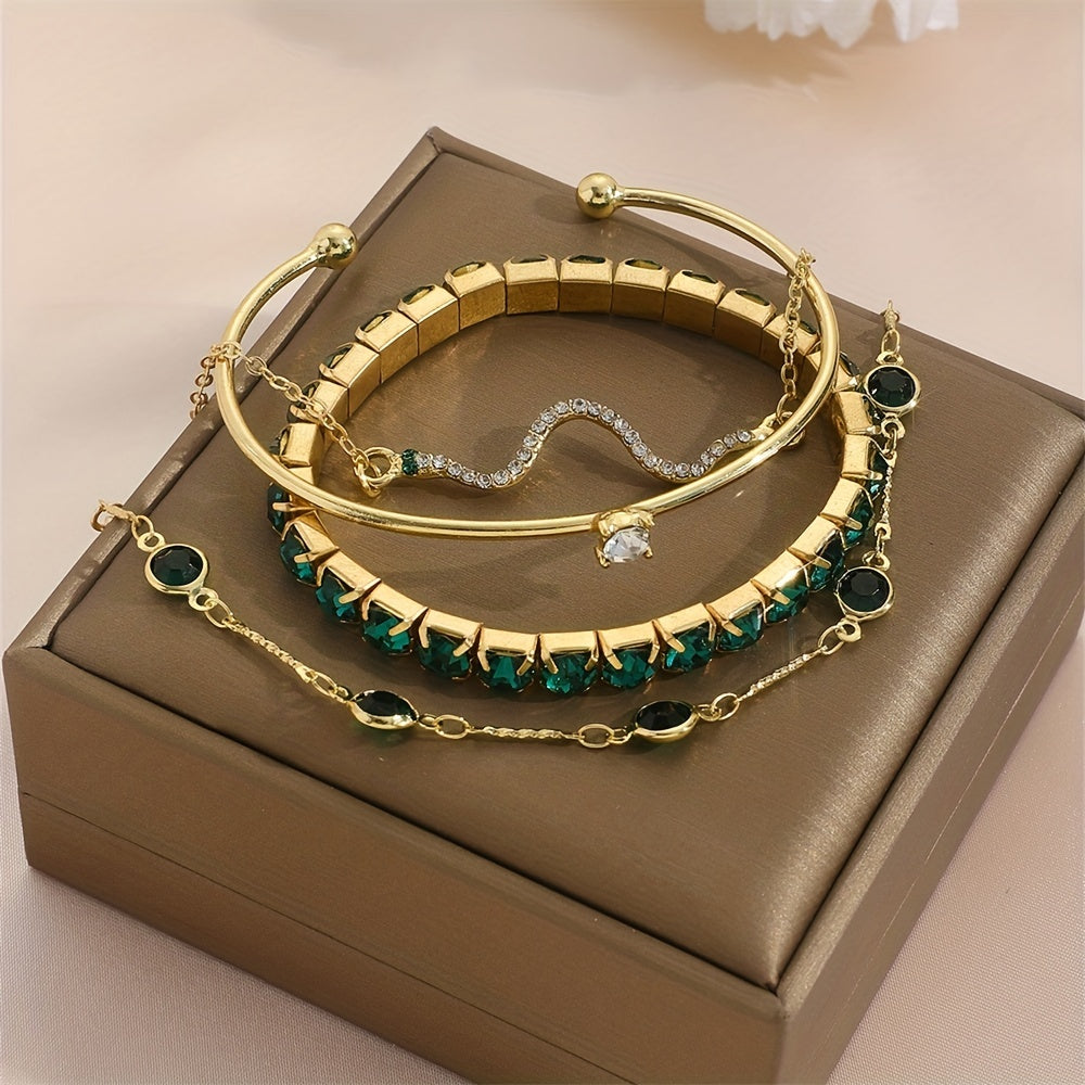 4pcs/set Elegant Green Rhinestone Snake Bracelet - Elastic Claw Chain Cuff Bangle