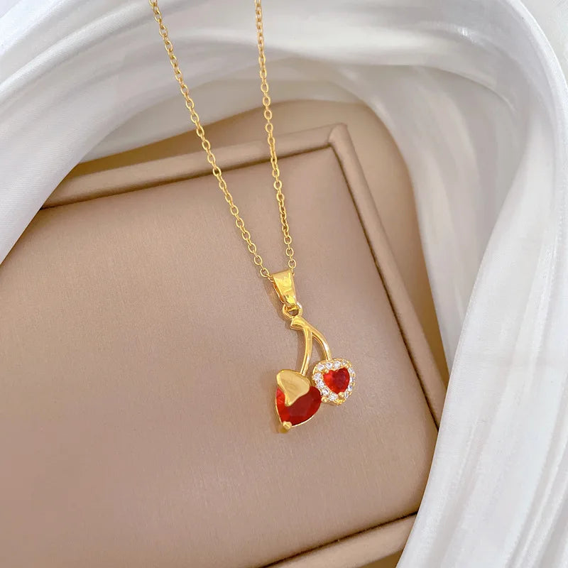 Love Cherry Full Diamond Fashionable Light Luxury Temperament Gorgeous Necklace Women's Versatile Collarbone Chain Stainless