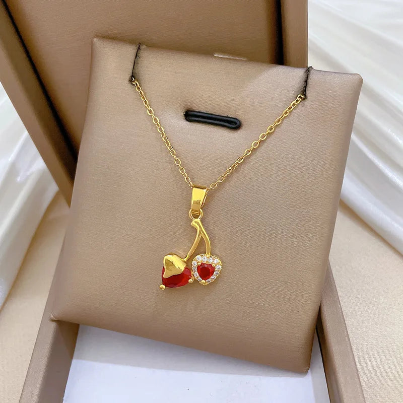Love Cherry Full Diamond Fashionable Light Luxury Temperament Gorgeous Necklace Women's Versatile Collarbone Chain Stainless