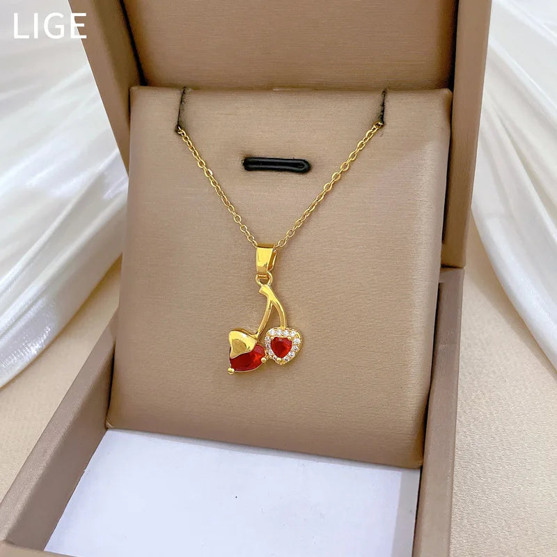 Love Cherry Full Diamond Fashionable Light Luxury Temperament Gorgeous Necklace Women's Versatile Collarbone Chain Stainless