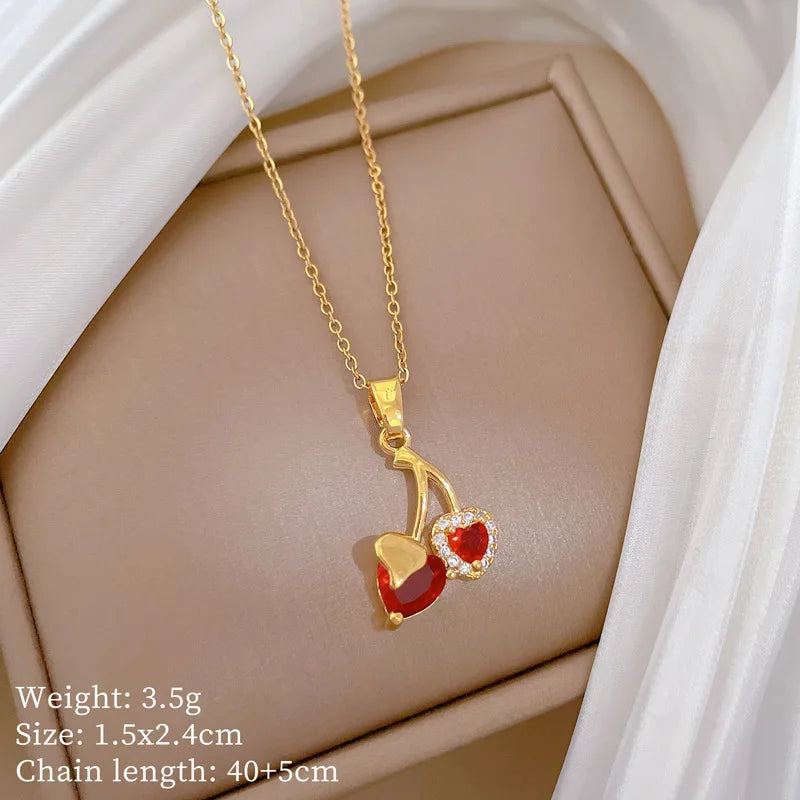 Love Cherry Full Diamond Fashionable Light Luxury Temperament Gorgeous Necklace Women's Versatile Collarbone Chain Stainless
