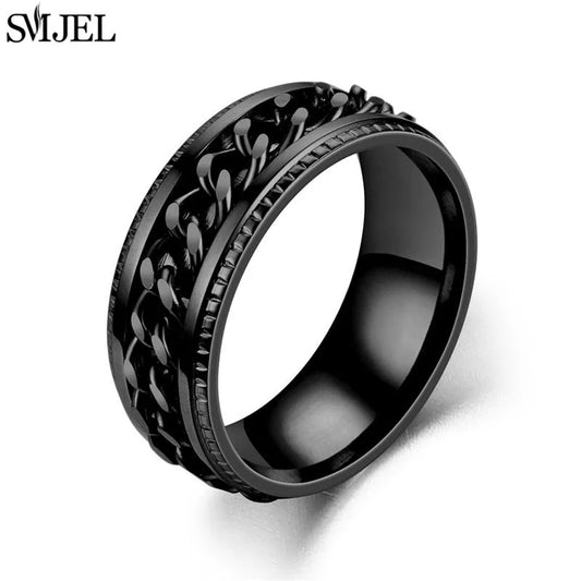 Cool Stainless Steel Rotatable Chain Men' Ring Multifunctional Fashion 8mm Fidget Spinner Rings Couple Jewelry bague homme 2024