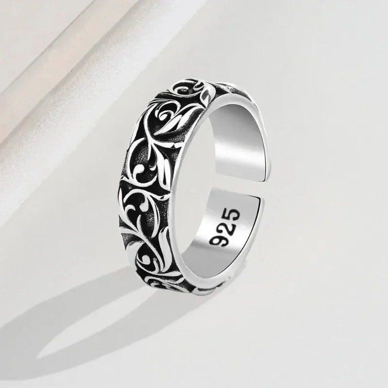 Vintage Vine Pattern Ring Silver Color Punk Gothic Retro Open Ring for Men Women Black Trend Unisex Jewelry Accessories