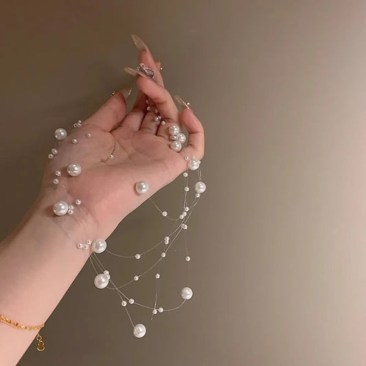 Fashion White Pearl Necklace Adjustable Length Multi-Layer Sweater Chain Women's Jewelry Necklace