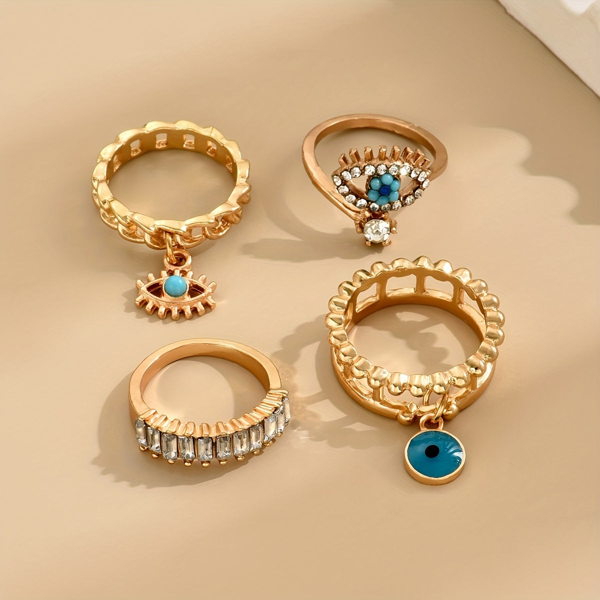 4pcs Punk Style Stacking Rings 14k Plated Trendy Evil Eye Design Inlaid Rectangular Gemstone Match Daily Outfits Party Accessories
