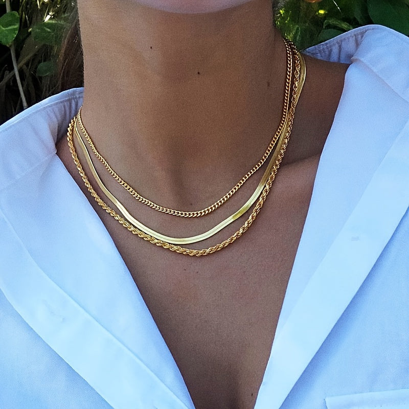 3pcs/set Chain Necklaces For Women, Vintage & Classic Style, Fashion Snake & Rope Chain Jewelry, Layered Statement Accessories