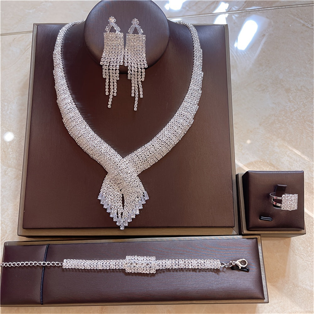 Luxurious And Romantic Jewelry Set Of 4 Fashionable Exquisite Shiny Necklaces, Earrings, Rings, And Bracelets For Middle Eastern-themed Weddings And Parties.