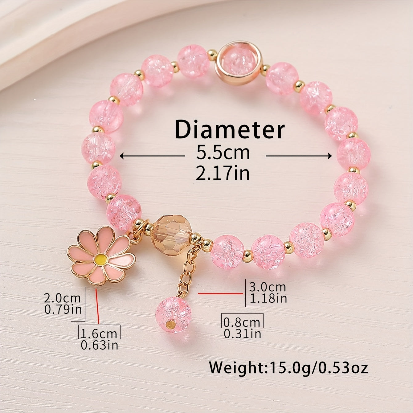 Summer Style Cracked Glass Beaded Daisy Pendant Bracelet Elastic Hand String For Women
