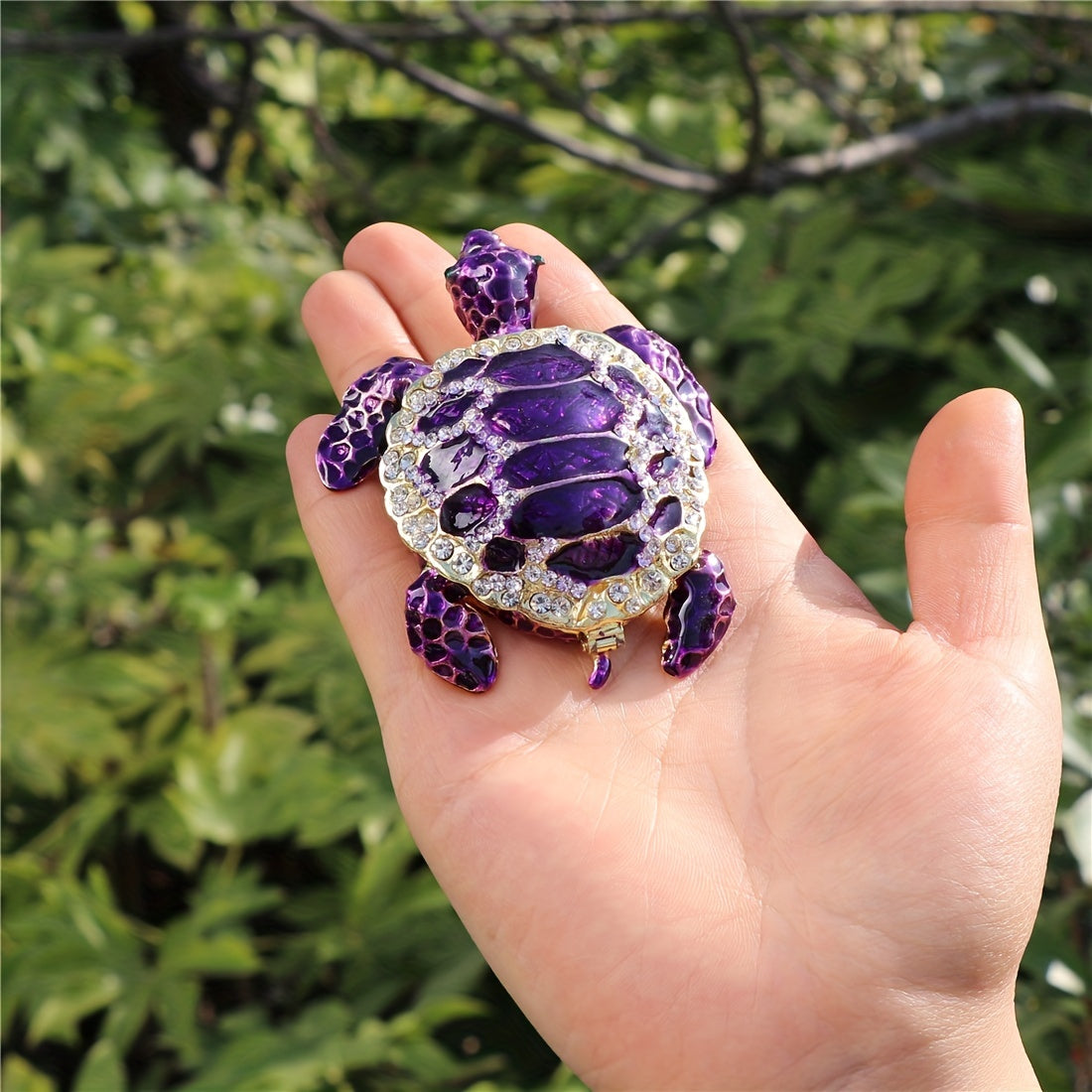 1pc Purple Turtle Figurine Decorative Jewelry Box - Hinged Trinket Box With Rich Enamel And Sparkling Rhinestones, Hand-painted Animal Figurine - Collectible Ring Holder, Novelty Jewelry Organizer - Unique Gift for Women & Gi