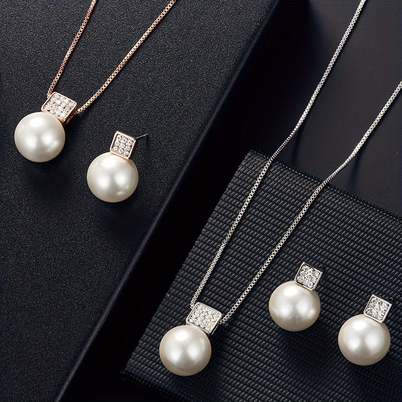 Fashionable Women'S Imitation Pearl Necklace And Earring Jewelry Set, Featuring a Simple Square Rhinestone Pendant And Stud Earrings, Perfect As a Two-Piece Accessory Gift for Birthdays, Parties, Celebrations, And Holidays, I