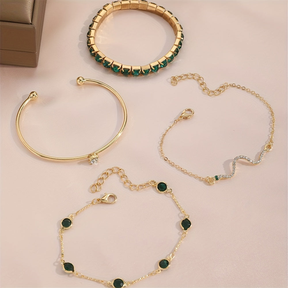 4pcs/set Elegant Green Rhinestone Snake Bracelet - Elastic Claw Chain Cuff Bangle