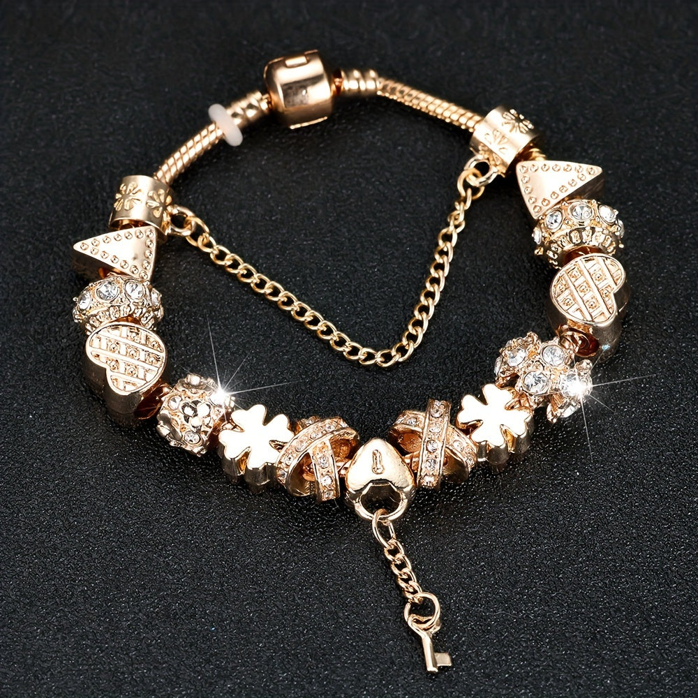 Gorgeous Golden Snowflower Bead Bracelet with Heart-Shaped Key Pendant - Perfect Valentine's Gift for Someone Special!