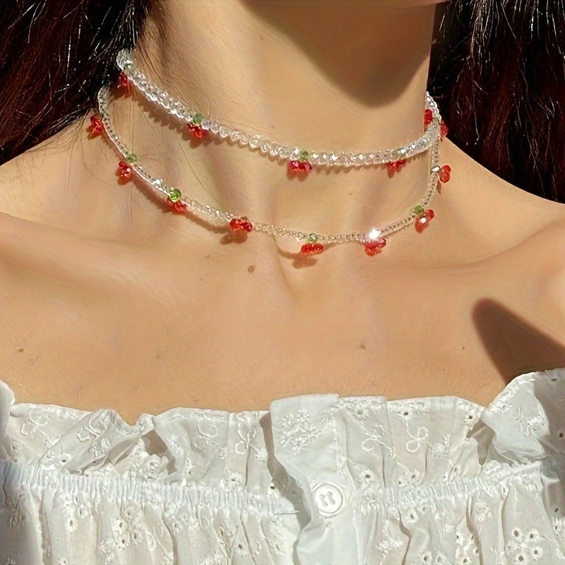 2pcs/set Handmade Rice Bead Beaded Necklaces With Crystal Cherry Decor, Sweet Ladies Holiday Party Jewelry