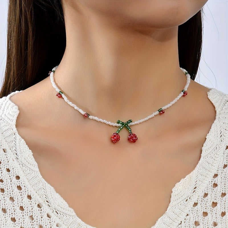 Y2K Bohemian Cherry Bead Necklace with Red & Green Charms - White Bead Chain Summer Jewelry for Women, Casual & Party Accessories, Everyday Accessory, Colorful Accents