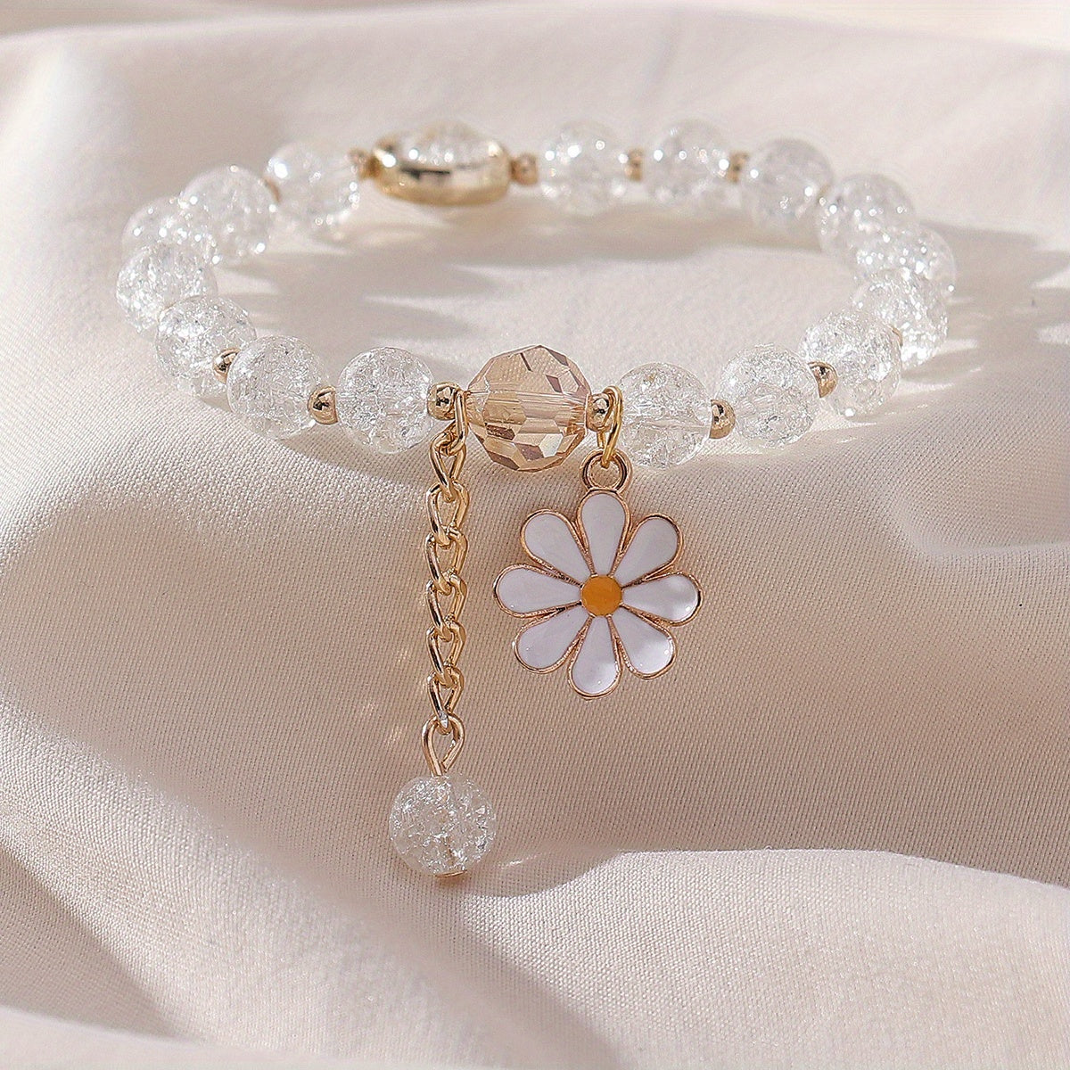 Summer Style Cracked Glass Beaded Daisy Pendant Bracelet Elastic Hand String For Women