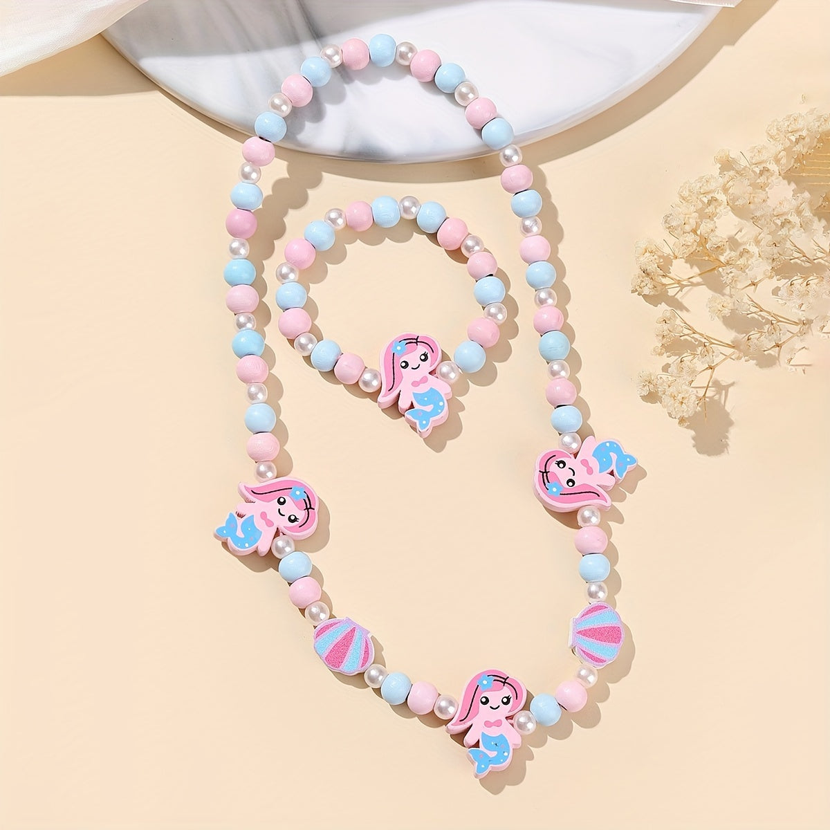 2pcs Creative Cute Cartoon Unicorn Mermaid Colorful Beaded Bracelet Necklace Set Decorative Accessories Holiday Birthday Gift For Girls