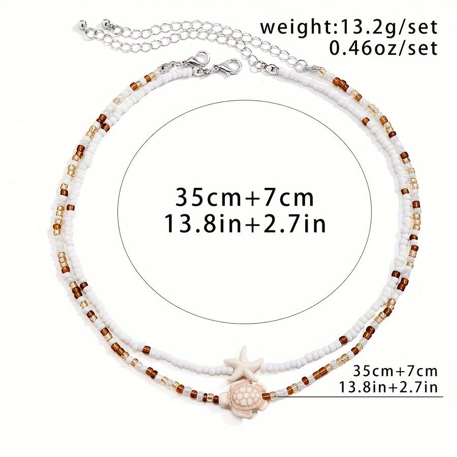 2pcs Starfish & Shell Pendant Necklaces for Girls - Ocean-Inspired Beaded Clavicle Chains, Perfect Beach Accessory