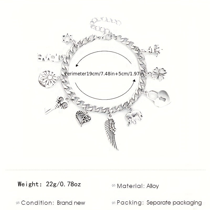 Retro Antique Silver Color Medicine Key Heart Wing Lock Buckle Bracelet Female Silver Plated Hand Accessories