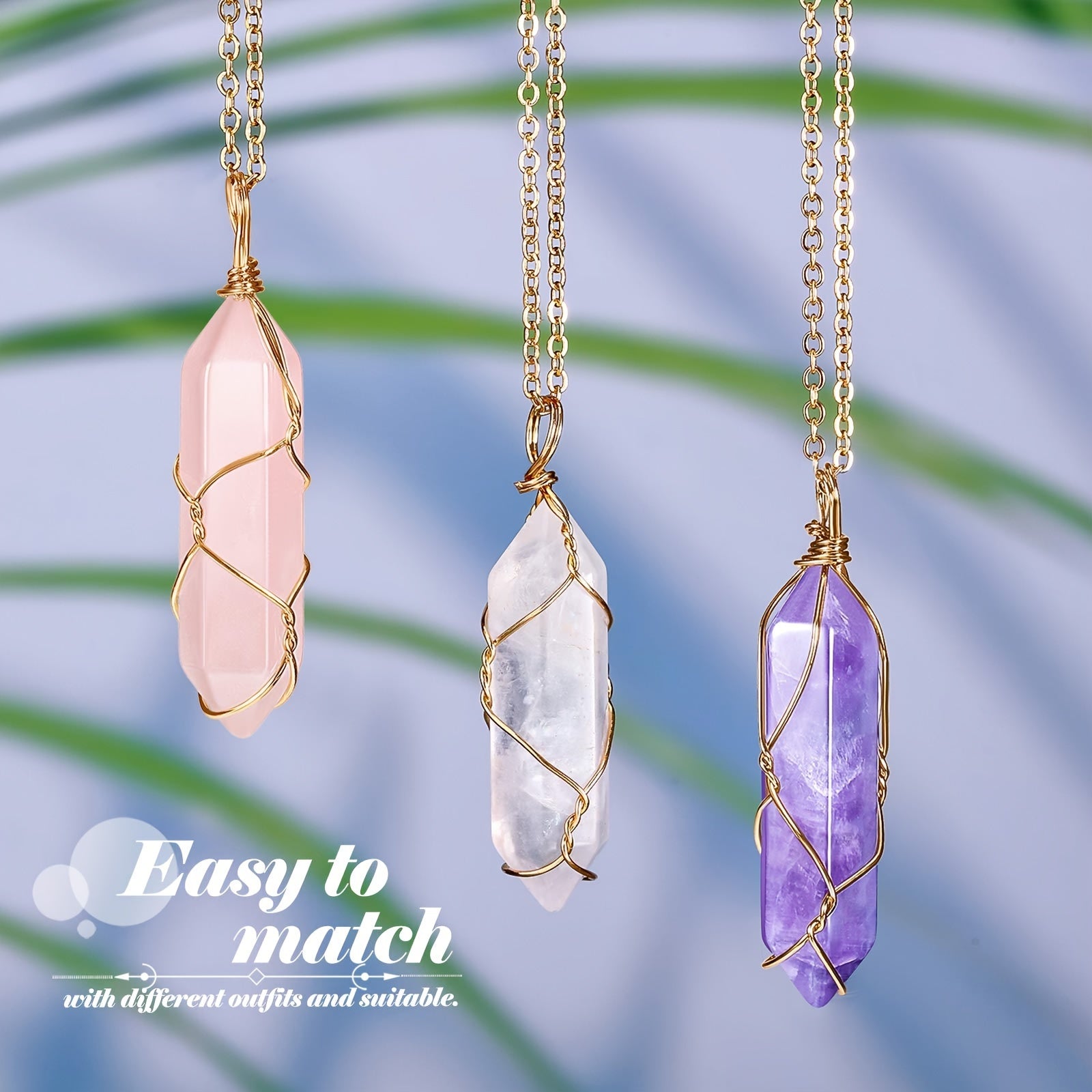 5-Piece Set of Crystal Necklaces - Hexagonal Pendant with Wire Wrapped, Featuring Rose Quartz, Amethyst, Clear Crystal, Green Aventurine, and Yellow Tiger Eye Stones - Unique Handcrafted Jewelry for Women