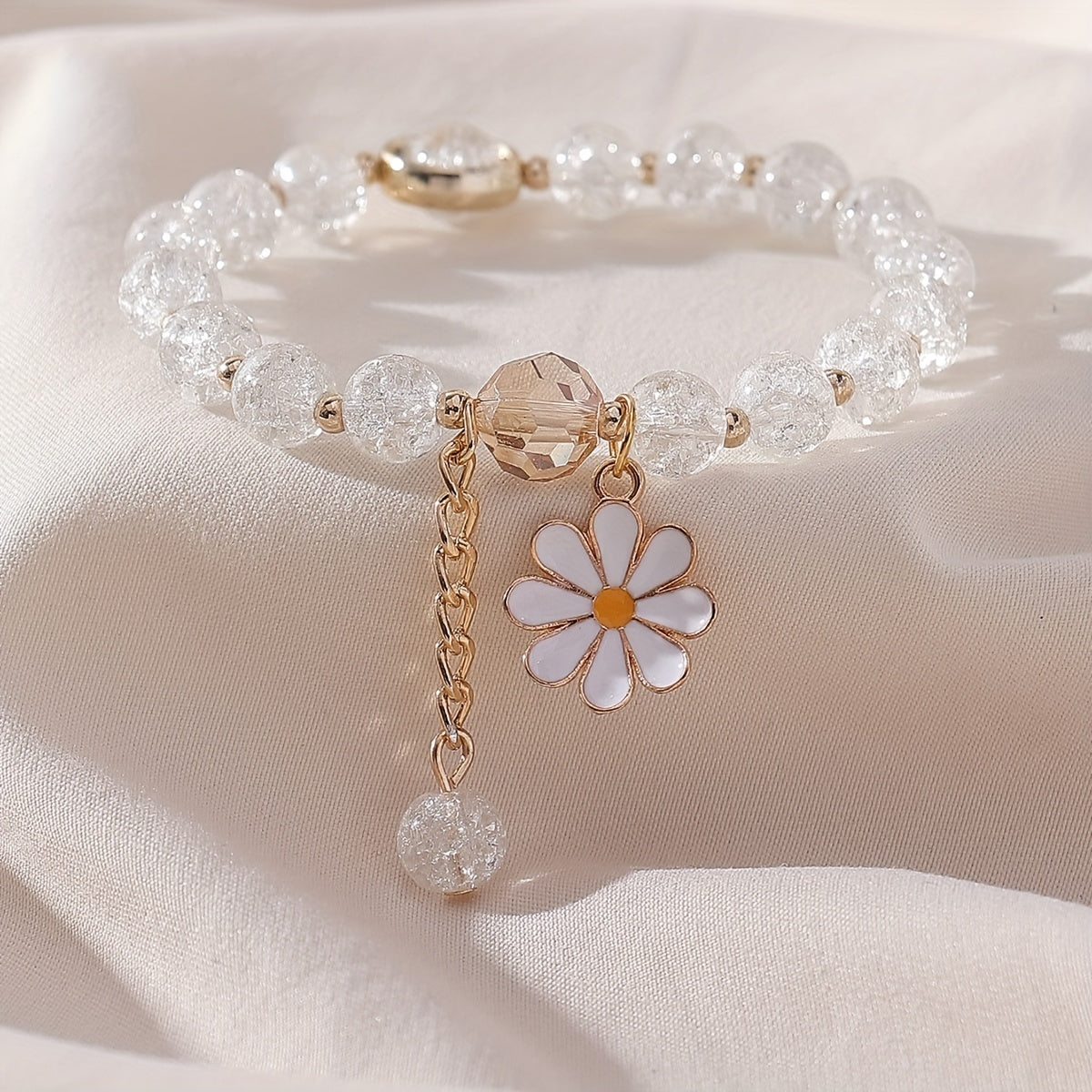 Summer Style Cracked Glass Beaded Daisy Pendant Bracelet Elastic Hand String For Women