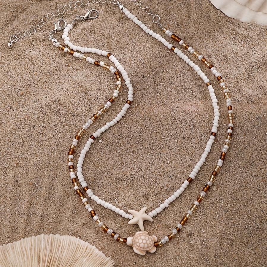 2pcs Starfish & Shell Pendant Necklaces for Girls - Ocean-Inspired Beaded Clavicle Chains, Perfect Beach Accessory