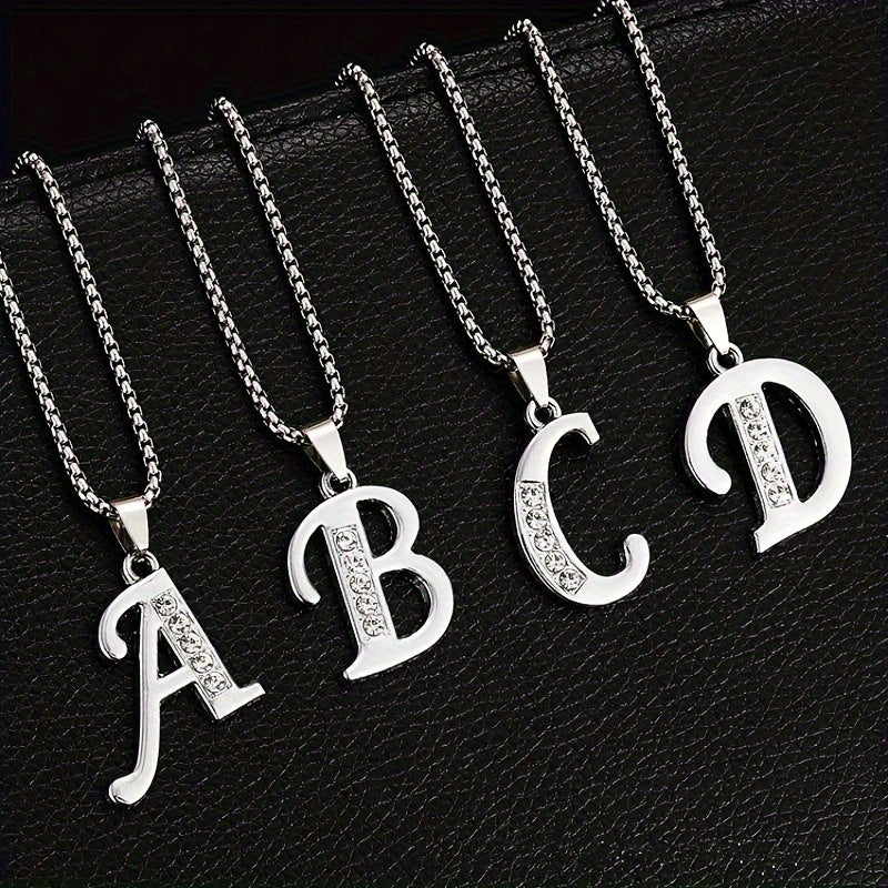 Elegant Silvery Alphabet Pendant Necklaces - "A" to "D" with Sparkling Stones, Stainless Steel, Perfect for Couples, Birthdays, and Holidays, Fashion Jewelry|Personalized Gift|Durable Chain, Name Necklace