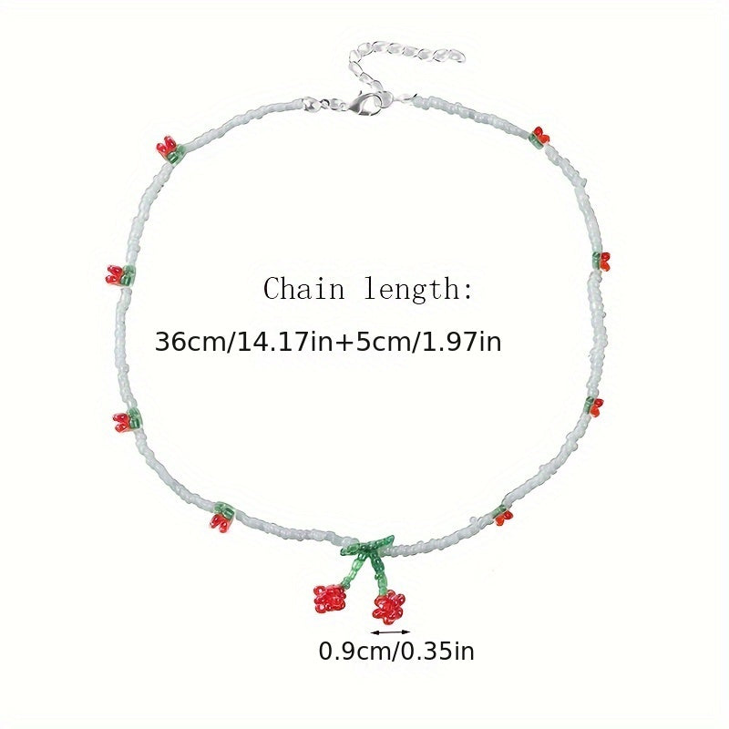 Y2K Bohemian Cherry Bead Necklace with Red & Green Charms - White Bead Chain Summer Jewelry for Women, Casual & Party Accessories, Everyday Accessory, Colorful Accents