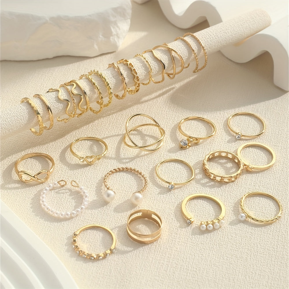 28pcs Coquette Stacking Rings Set - Inlaid Rhinestone, Trendy Infinity Chain, Heart Design, Mix and Match, Daily Wear, Party Accessories, Fashion Jewelry for Women