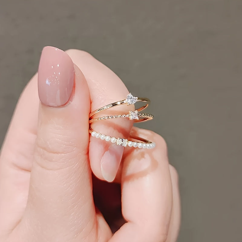 3pcs Shimmering Zirconia Stacking Rings in Heart and Square Shapes - Perfect for Daily Wear, Parties, and Gifting