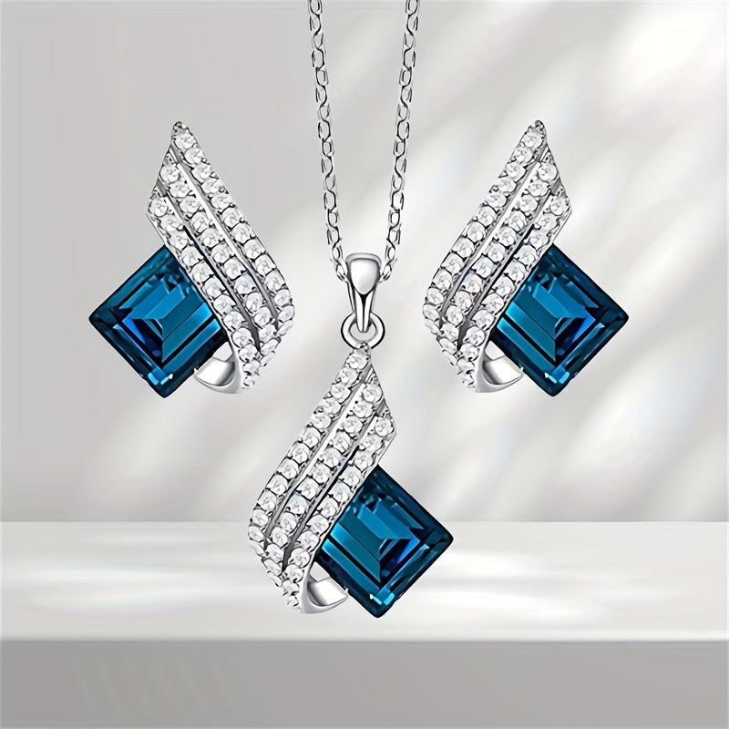 Luxurious Blue Angel Wings Pendant Necklace Set - Alloy Craftsmanship, Sparkling Jewelry Gift for Men and Women