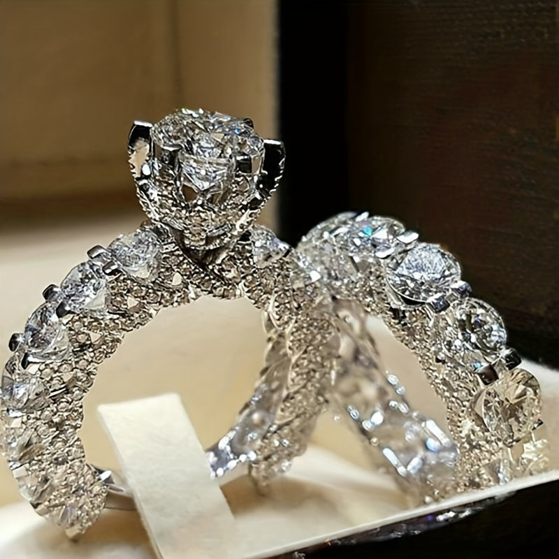 2pcs Shiny Beads Fashion Decor Engagement Rings, Couple Pair Party Wedding Ring Jewelry Gift