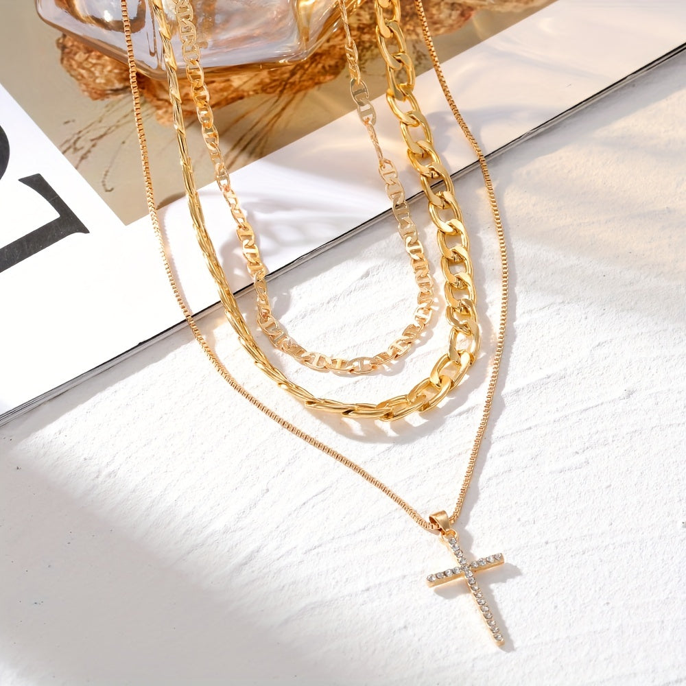 3-Piece Set of Women's Retro Luxury Artificial Crystal Cross Necklaces - Stackable, Trendy, and Elegant Accessories for Any Occasion - Perfect Gift Idea