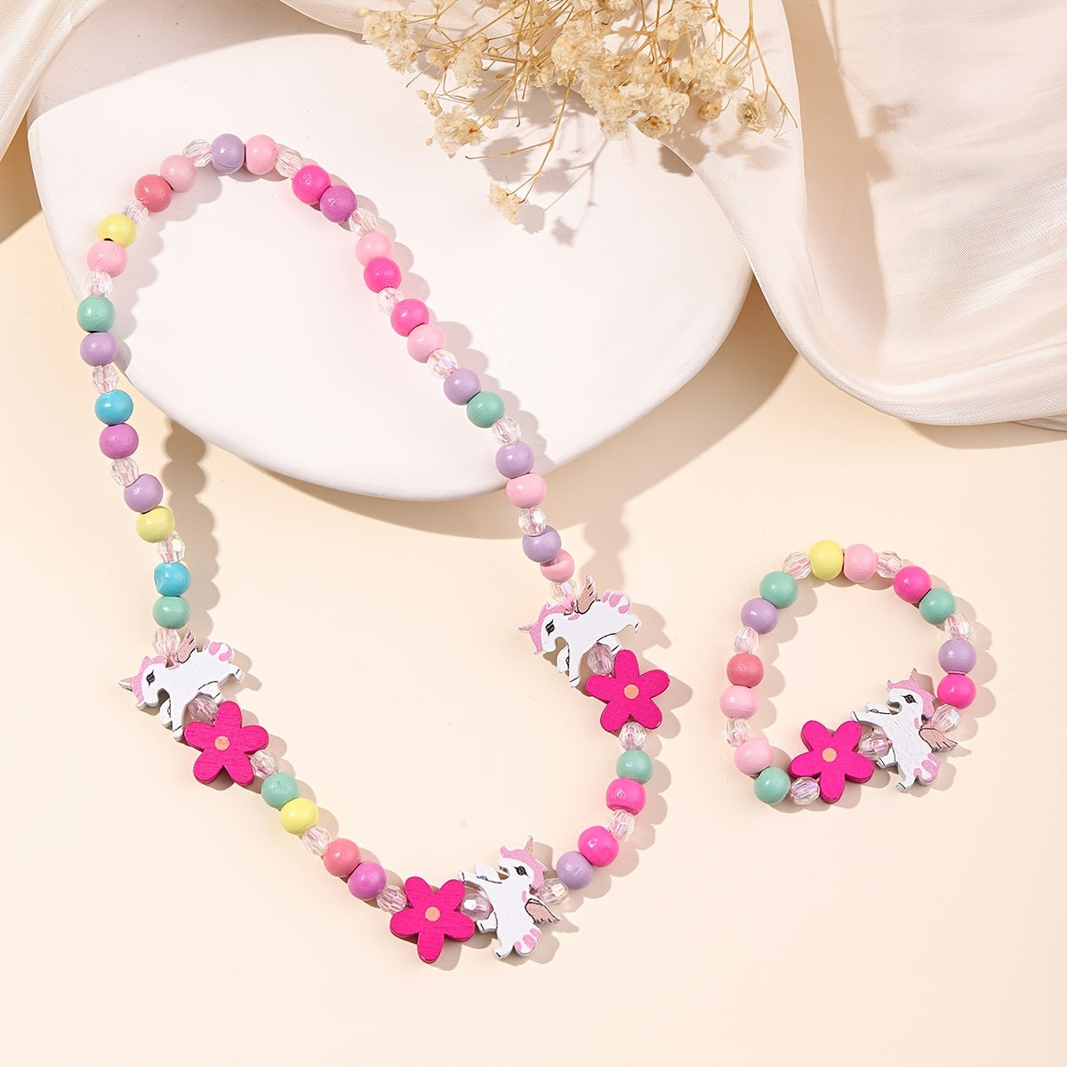 2pcs Creative Cute Cartoon Unicorn Mermaid Colorful Beaded Bracelet Necklace Set Decorative Accessories Holiday Birthday Gift For Girls