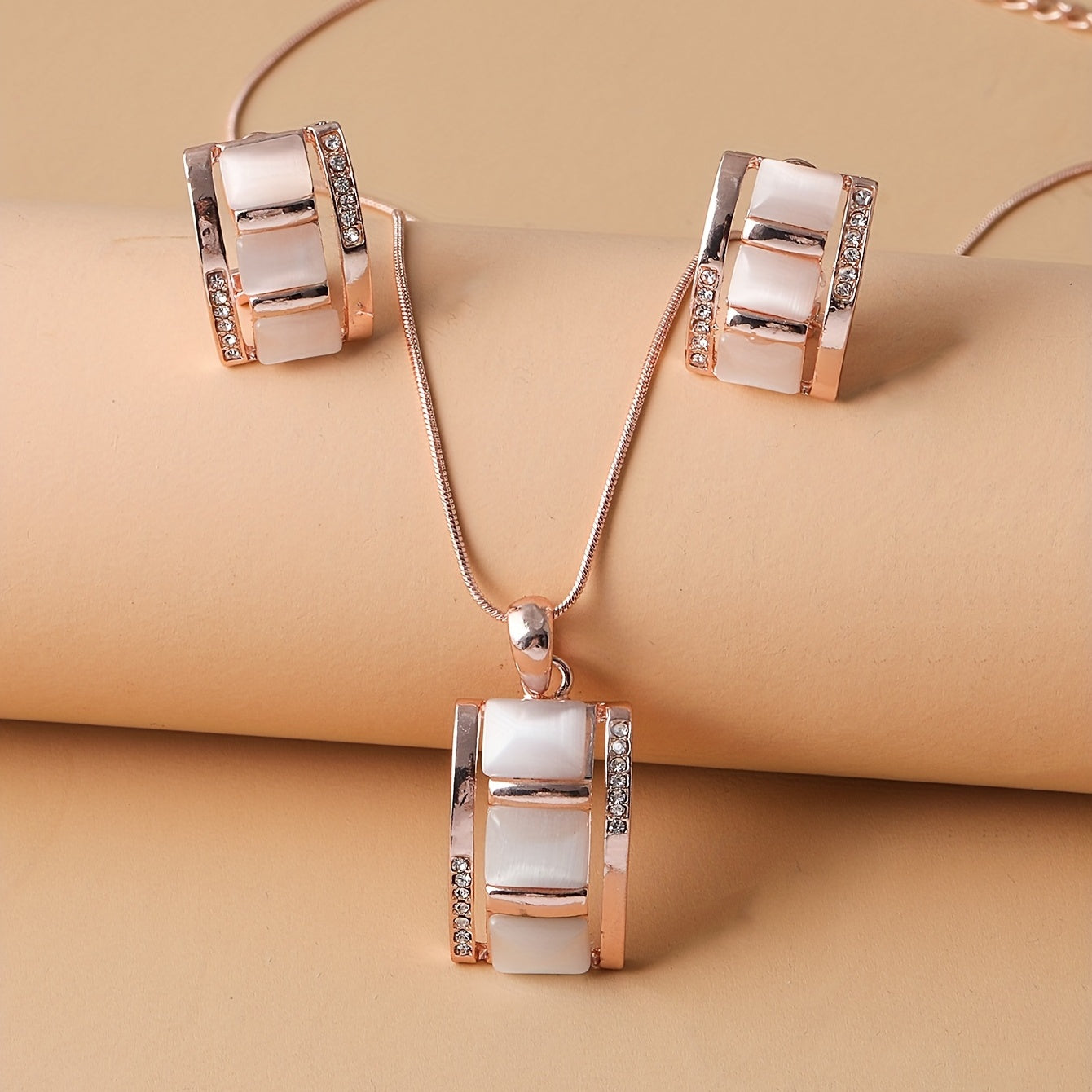 Ladies' Exquisite Rectangular Opal Necklace & Earrings Jewelry Set - Sparkling Rhinestone Imitation Gemstone Pendant, Stud Earrings, Dazzling Birthday Party Accessory, Ideal Gift for Her