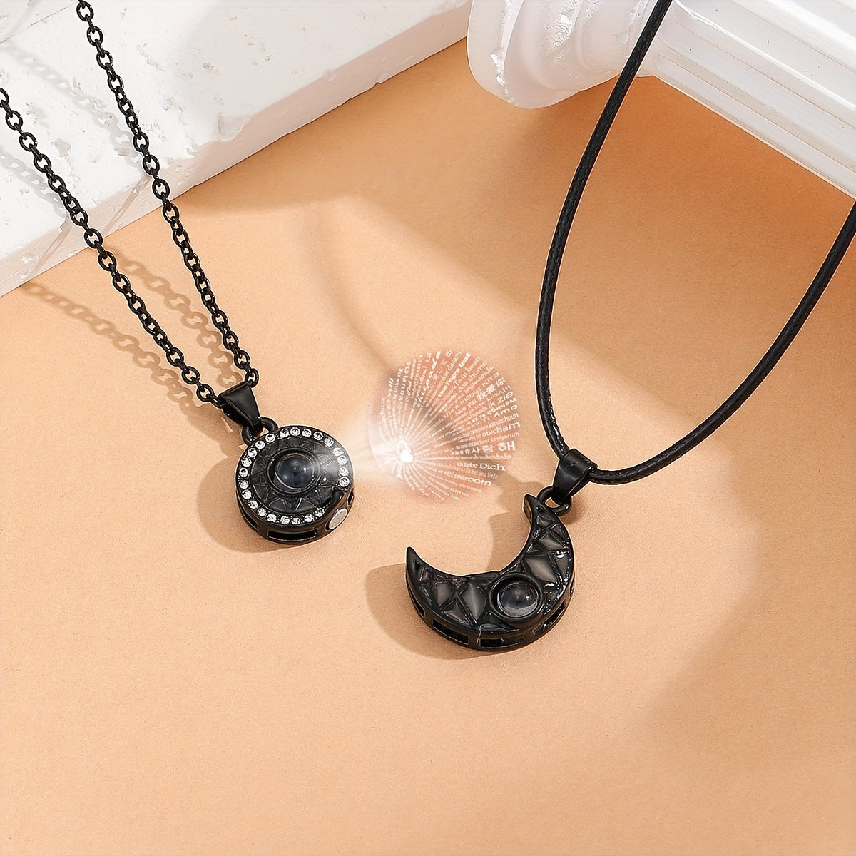 2-Piece Magnetic Sun & Moon Projection Pendant Necklaces for Couples - Romantic 'I Love You' in 100 Languages, Unique Valentine's Day Gift, Stainless Steel Chain, Hypoallergenic, Nickel-Free, Perfect for Anniversary, Birthday