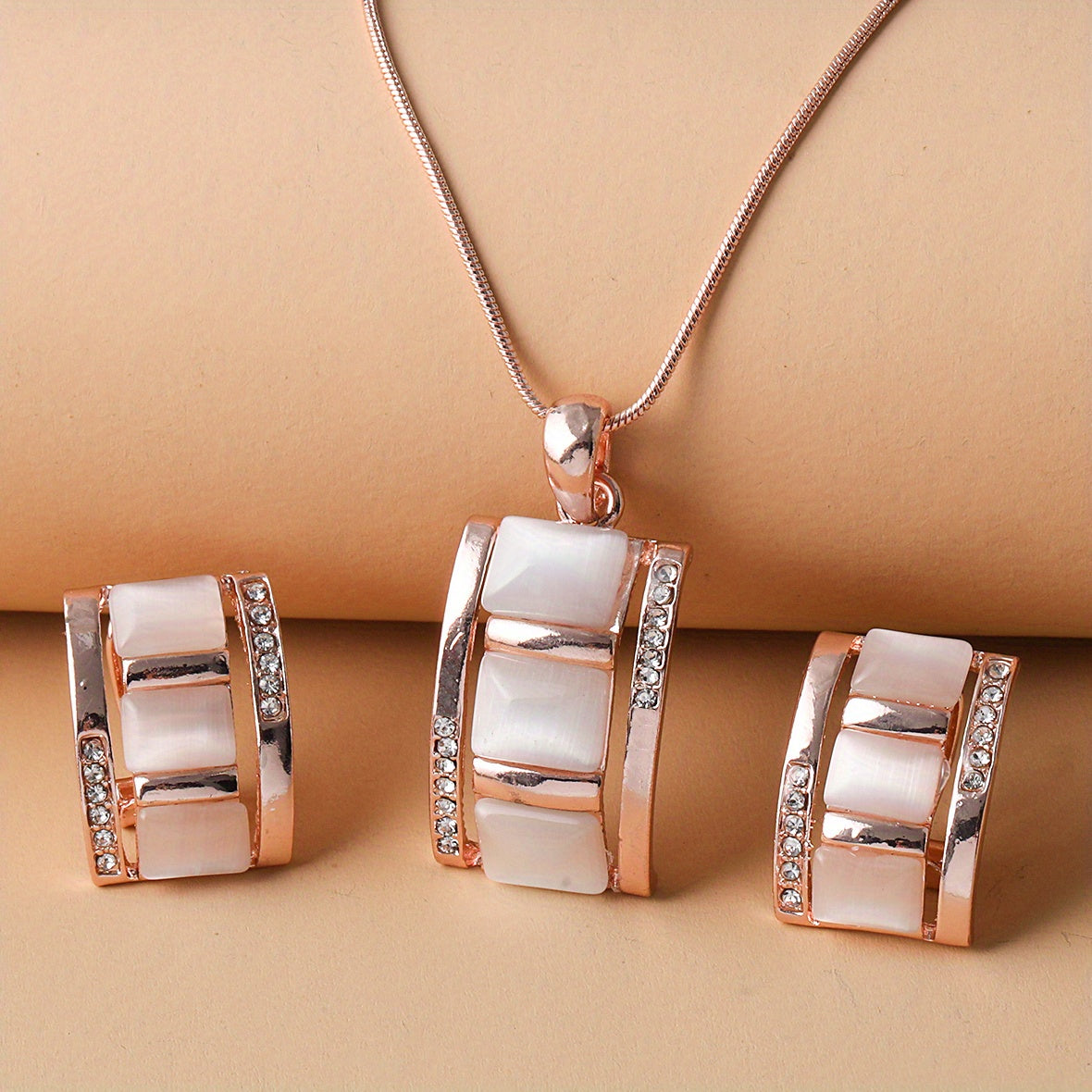 Ladies' Exquisite Rectangular Opal Necklace & Earrings Jewelry Set - Sparkling Rhinestone Imitation Gemstone Pendant, Stud Earrings, Dazzling Birthday Party Accessory, Ideal Gift for Her