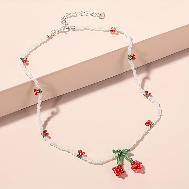 Y2K Bohemian Cherry Bead Necklace with Red & Green Charms - White Bead Chain Summer Jewelry for Women, Casual & Party Accessories, Everyday Accessory, Colorful Accents