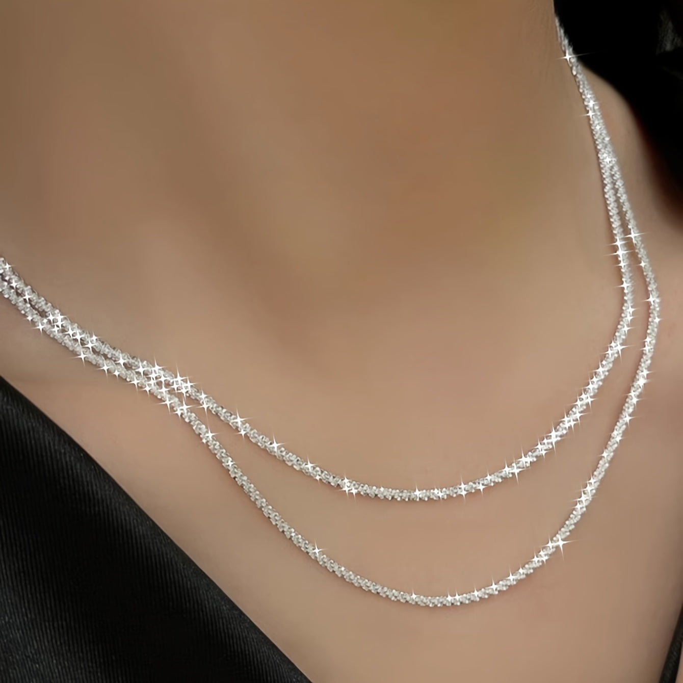 2pcs Elegant Sparkling Chain Necklaces, Luxury Bridal Wedding Jewelry, Silver Plated Copper, Perfect for Parties & Daily Wear, Ideal Valentine'S Day Gift, Versatile Necklace | Elegant Necklace | Delicate Desig