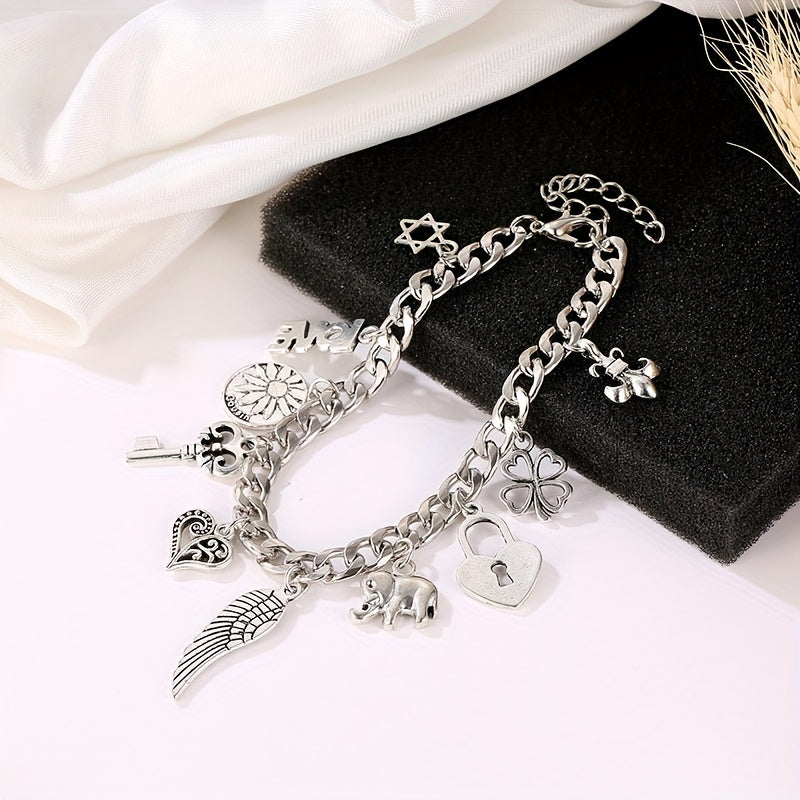 Retro Antique Silver Color Medicine Key Heart Wing Lock Buckle Bracelet Female Silver Plated Hand Accessories
