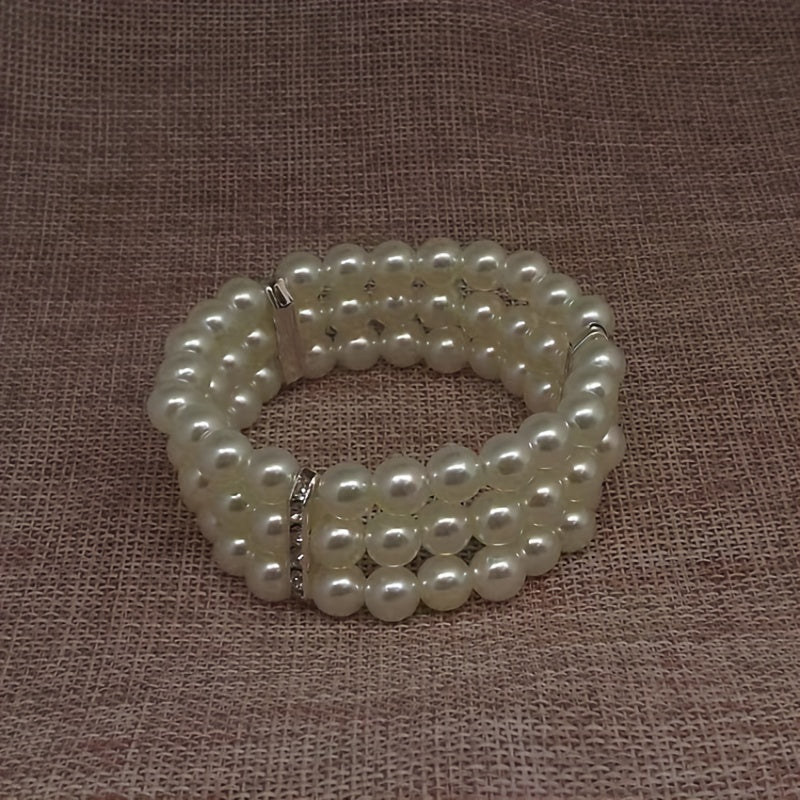 Three Layers Faux Pearls Beaded Bracelet Multi-layer Elastic Bangle Bracelet