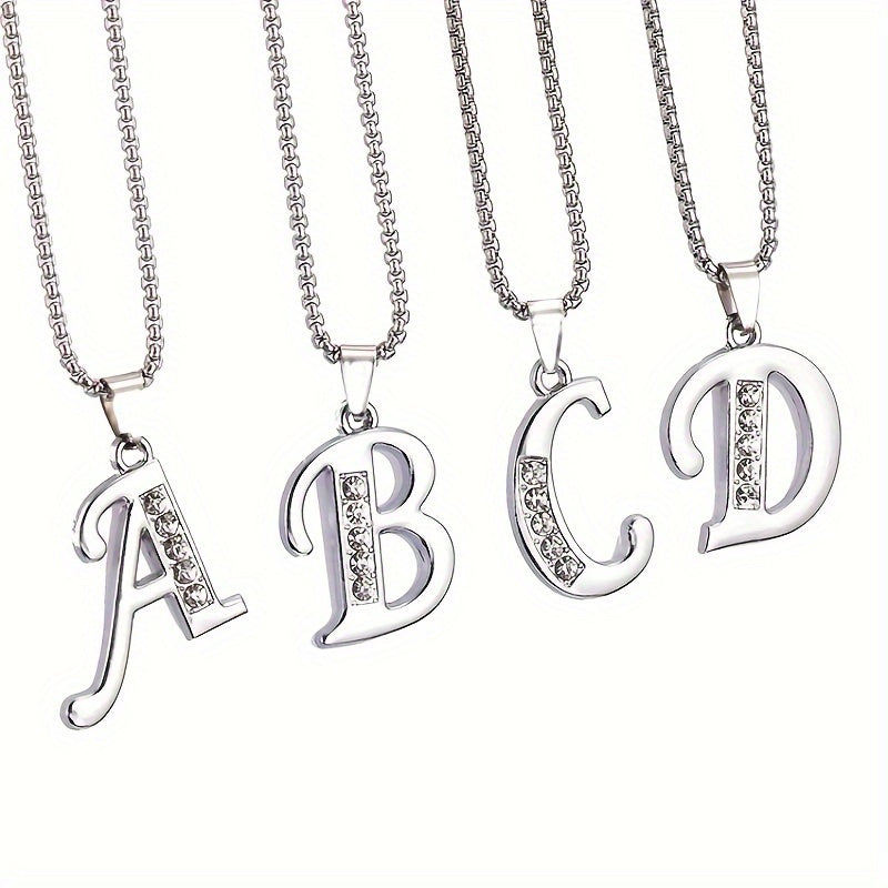Elegant Silvery Alphabet Pendant Necklaces - "A" to "D" with Sparkling Stones, Stainless Steel, Perfect for Couples, Birthdays, and Holidays, Fashion Jewelry|Personalized Gift|Durable Chain, Name Necklace