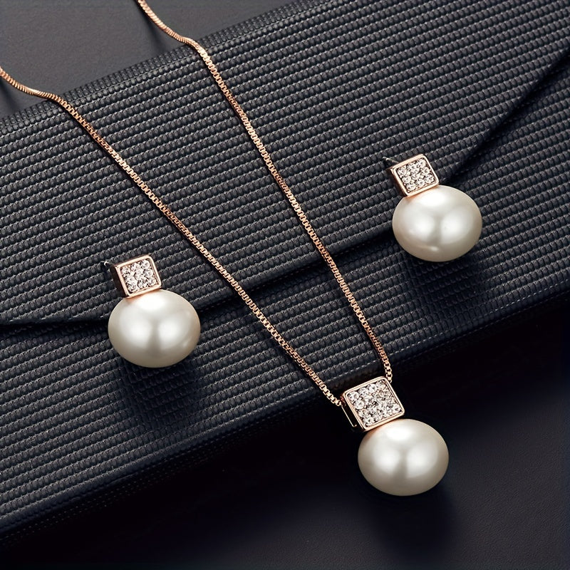 Fashionable Women'S Imitation Pearl Necklace And Earring Jewelry Set, Featuring a Simple Square Rhinestone Pendant And Stud Earrings, Perfect As a Two-Piece Accessory Gift for Birthdays, Parties, Celebrations, And Holidays, I