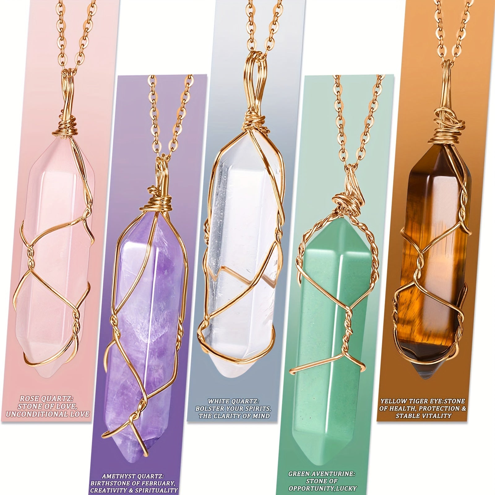5-Piece Set of Crystal Necklaces - Hexagonal Pendant with Wire Wrapped, Featuring Rose Quartz, Amethyst, Clear Crystal, Green Aventurine, and Yellow Tiger Eye Stones - Unique Handcrafted Jewelry for Women