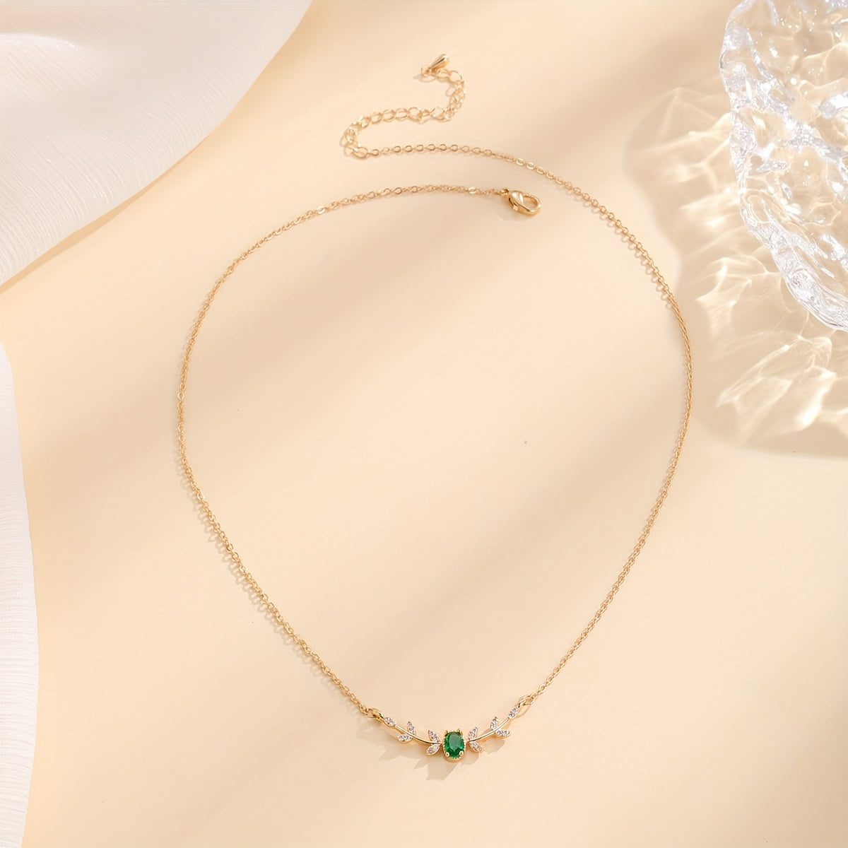 [Copper Leaf Necklace] Golden-Tone Copper Leaf & Branch Necklace with Cubic Zirconia | Elegant Design, Green Gemstone, Ideal Birthday Gift, Daily Wear Jewelry for Women