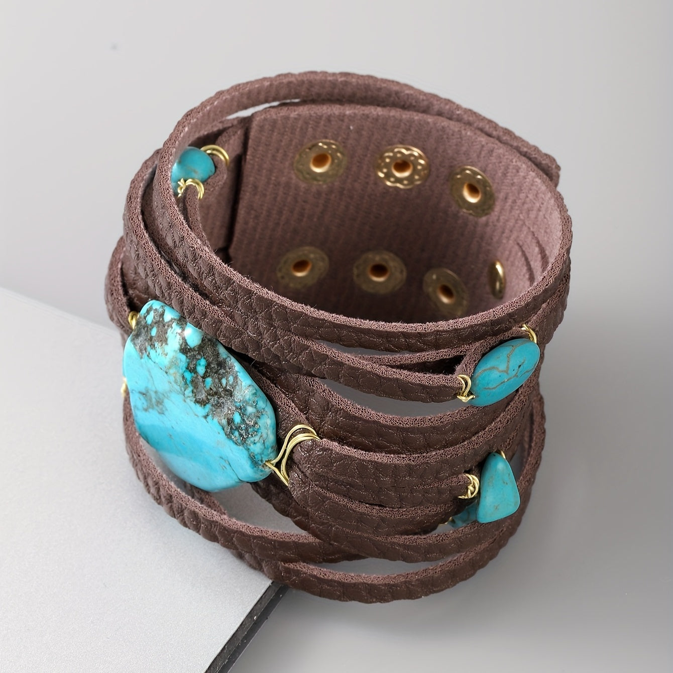 1pc Men's Trendy PU Leather Irregular Turquoise Multi-layer Boho Bracelet, Jewelry Gift For Men, Gift For Boyfriends/ Girlfriends
