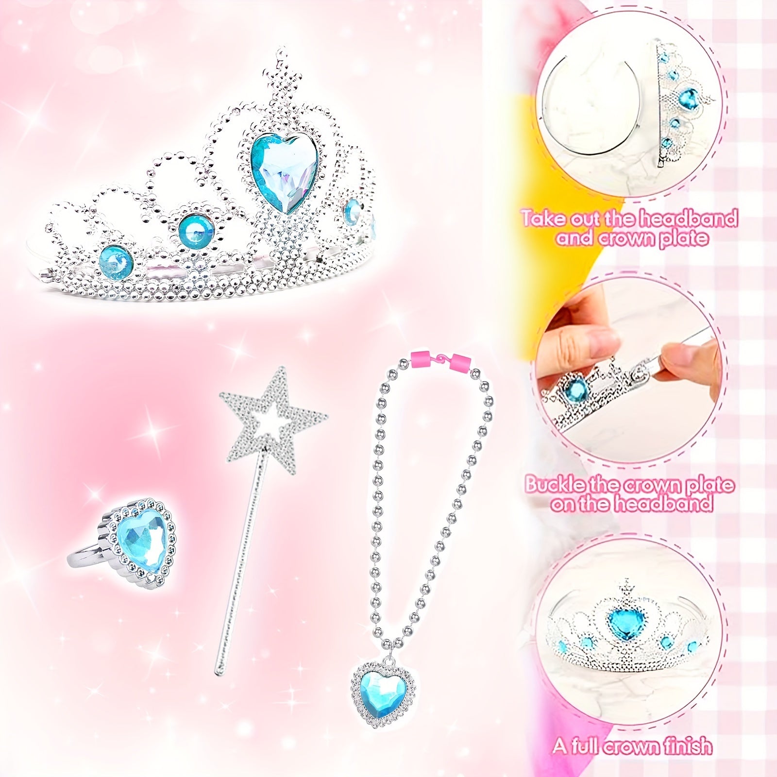 2sets Princess Costume Accessories Set, Cosplay Props, Birthday Party Gifts, Princess Dress Up Jewelry, Crowns, Wands, Rings, Necklaces